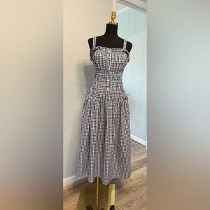 #13) 100% Cotton Jason Wu Blue,White Checkered Midi Dress With Adjust String Hip